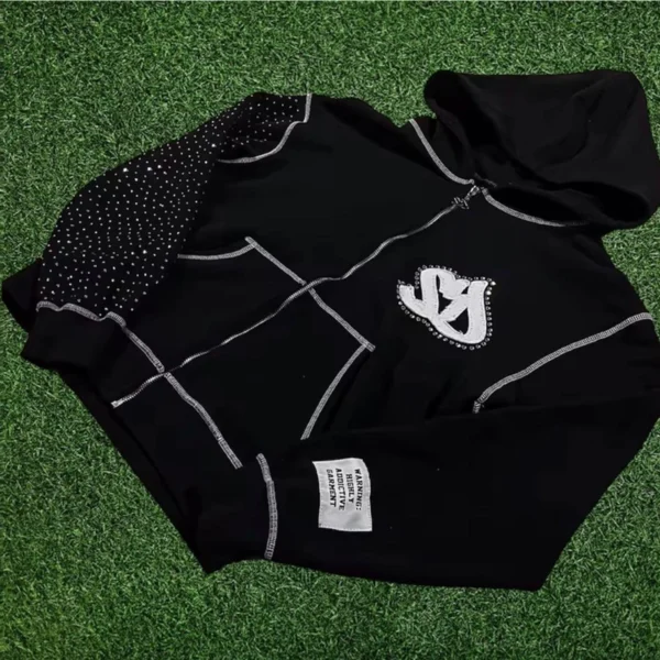 Black Rhinestone Sleeve Zip-Up Hoodie Black Rhinestone Sleeve Zip-Up Hoodie