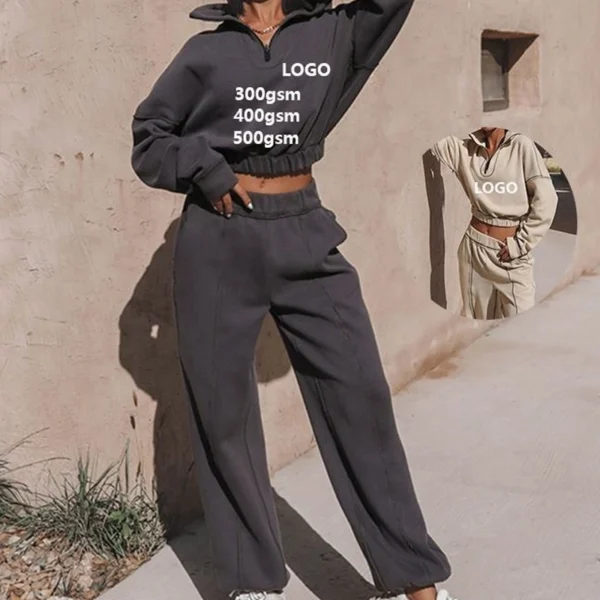 Quarter-Zip Cropped Wide Leg Tracksuit Set