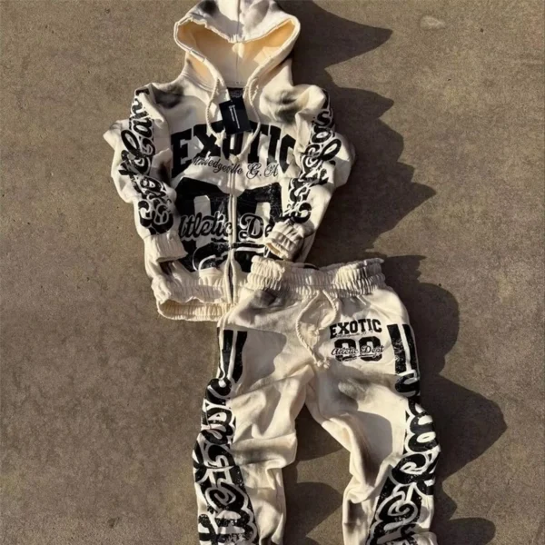 Washed Zip Hoodie Flare Pants Set