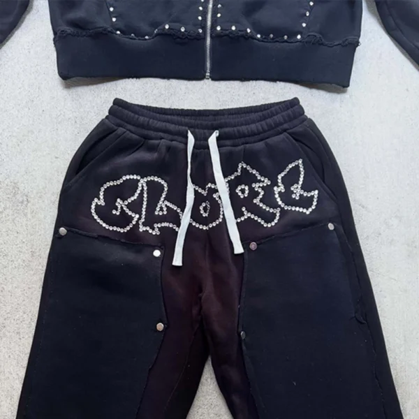 Rhinestone Studded Zip Hoodie Shorts Set