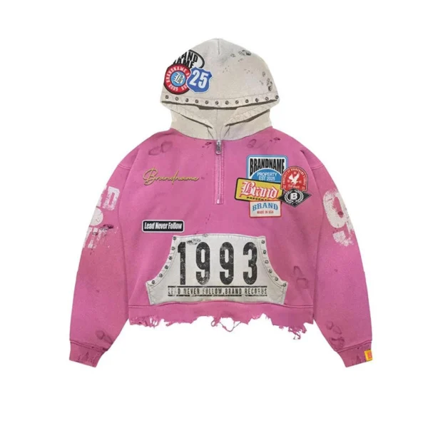 Pink Washed 1993 Patch Cropped Hoodie