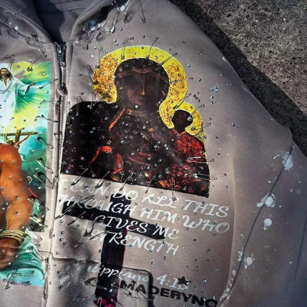 Colorblock Patchwork Zip-Up Hoodie Distressed Paint Splatter Zip Hoodie