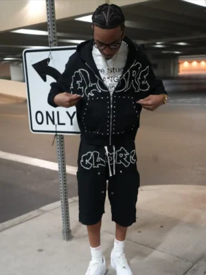 Rhinestone Studded Zip Hoodie Shorts Set Rhinestone Studded Zip Hoodie Shorts Set