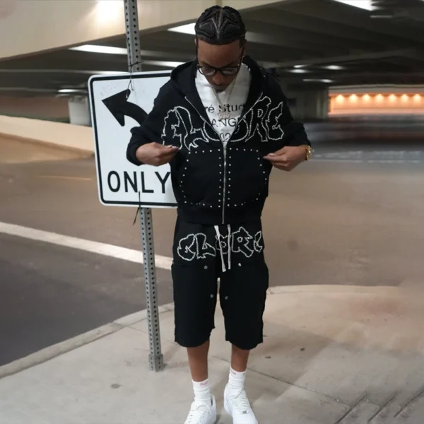 Rhinestone Studded Zip Hoodie Shorts Set