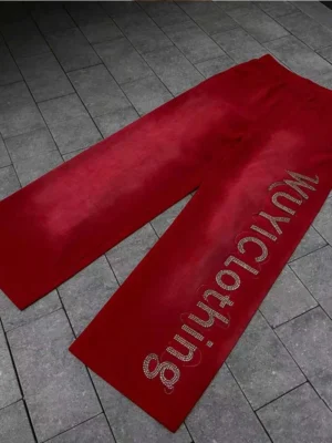 Red Rhinestone Wide-Leg Velvet Pants