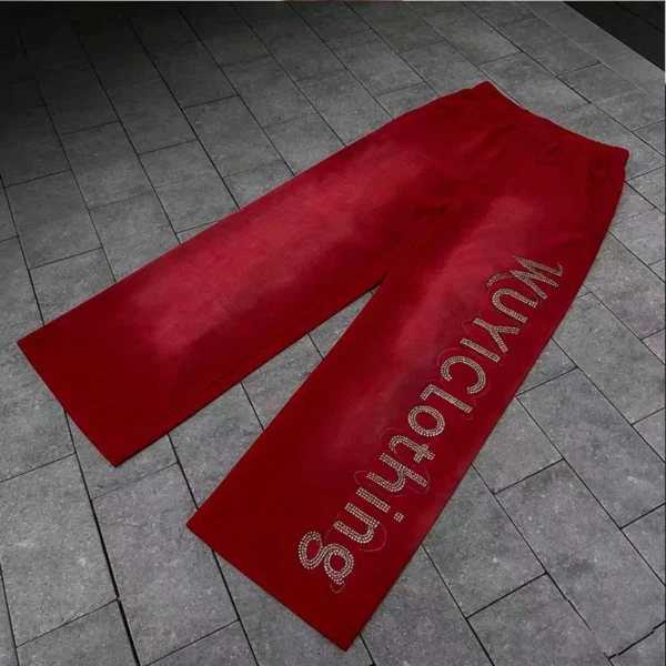 Red Rhinestone Wide-Leg Velvet Pants Red Rhinestone Wide-Leg Velvet Pants