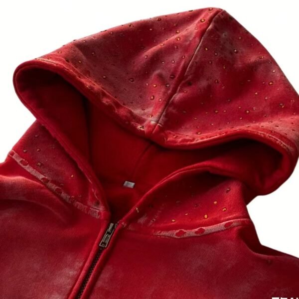 Red Washed WUYI Rhinestone Zip Hoodie