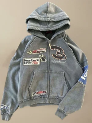 Grey Washed Racing Patch Zip Hoodie