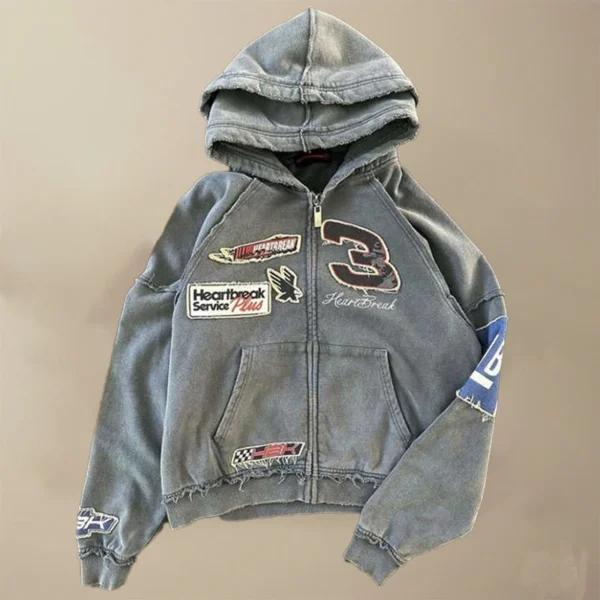 Grey Washed Racing Patch Zip Hoodie