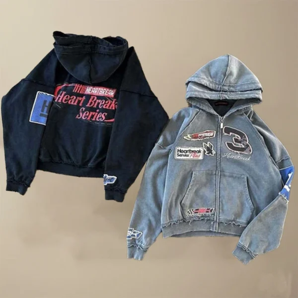 Grey Washed Racing Patch Zip Hoodie