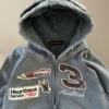 Grey Washed Racing Patch Zip Hoodie