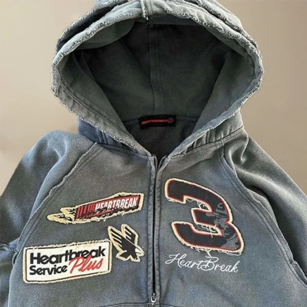 Grey Washed Racing Patch Zip Hoodie