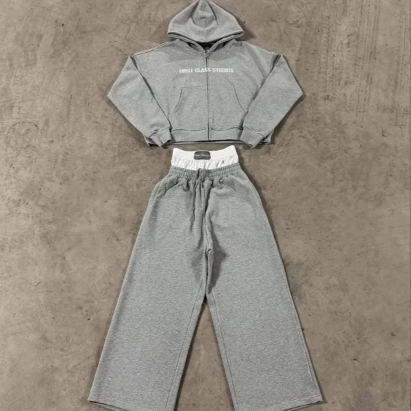 Cropped Zip Hoodie Wide Leg Pants Set