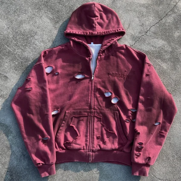 Distressed Washed Zip Hooded Sweatshirt