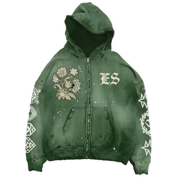 Green Washed Distressed Zip Hoodie Green Washed Distressed Zip Hoodie