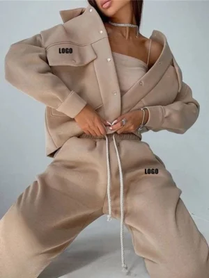 Beige Oversized Fleece Jacket Set