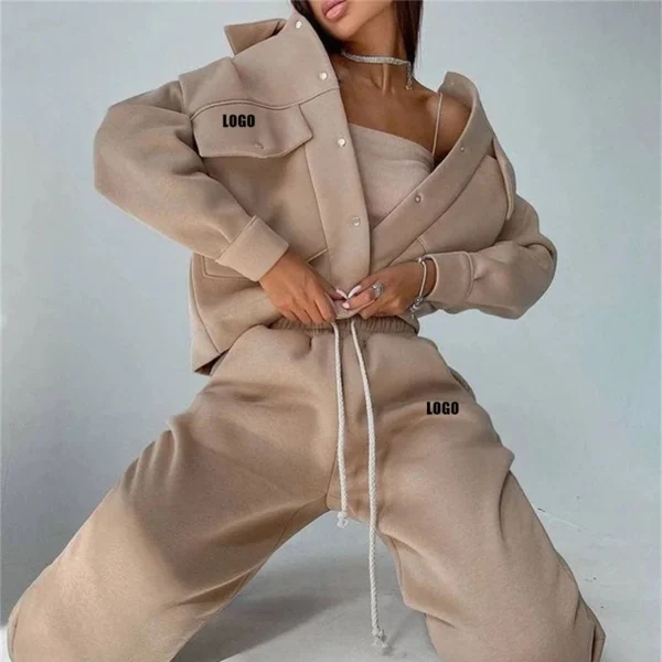 Beige Oversized Fleece Jacket Set