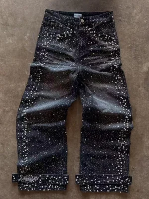 Black Pearl Studded Baggy Denim Jeans Black Pearl Studded Baggy Denim Jeans