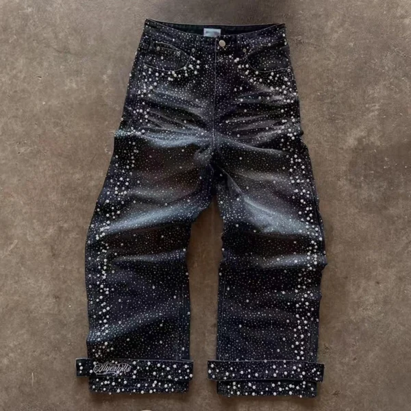 Black Pearl Studded Baggy Denim Jeans