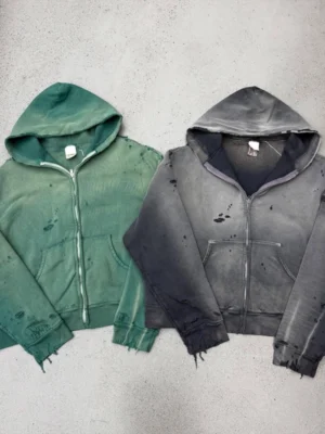 Washed Distressed Cropped Zip Hoodie