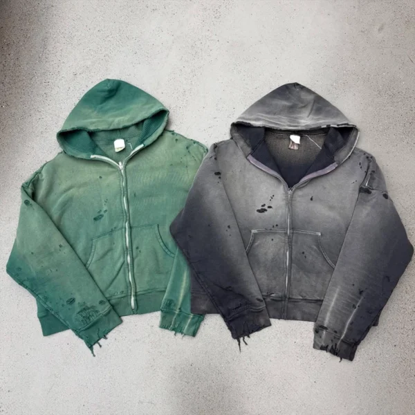 Washed Distressed Cropped Zip Hoodie