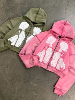 Abstract Silhouette Distressed Cropped Hoodie