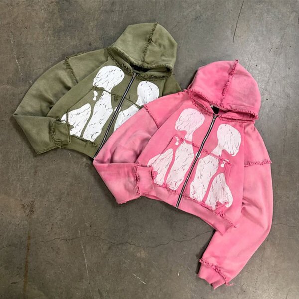 Abstract Silhouette Distressed Cropped Hoodie