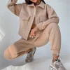 Beige Oversized Fleece Jacket Set