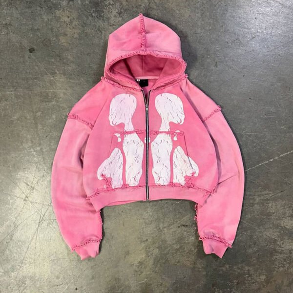 Abstract Silhouette Distressed Cropped Hoodie