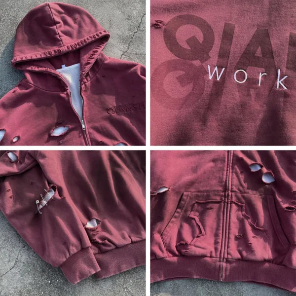 Distressed Washed Zip Hooded Sweatshirt