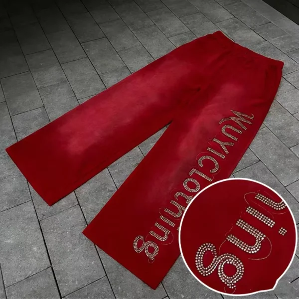 Red Rhinestone Wide-Leg Velvet Pants Red Rhinestone Wide-Leg Velvet Pants