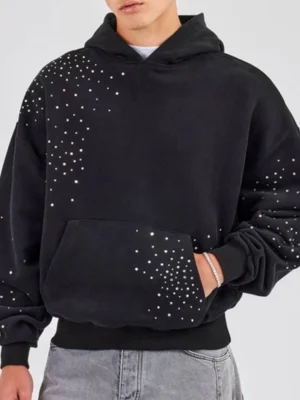 Black Rhinestone Studded Pullover Hoodie