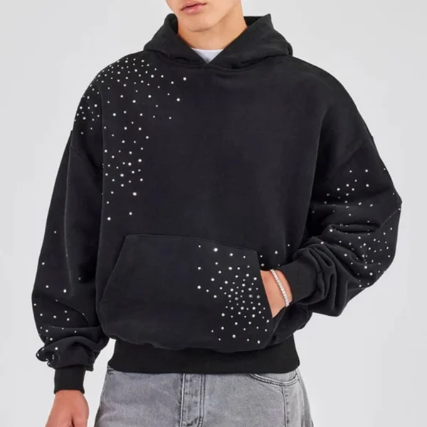 Black Rhinestone Studded Pullover Hoodie