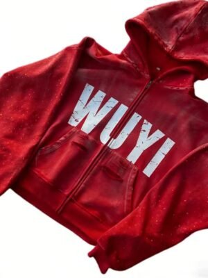 Red Washed WUYI Rhinestone Zip Hoodie
