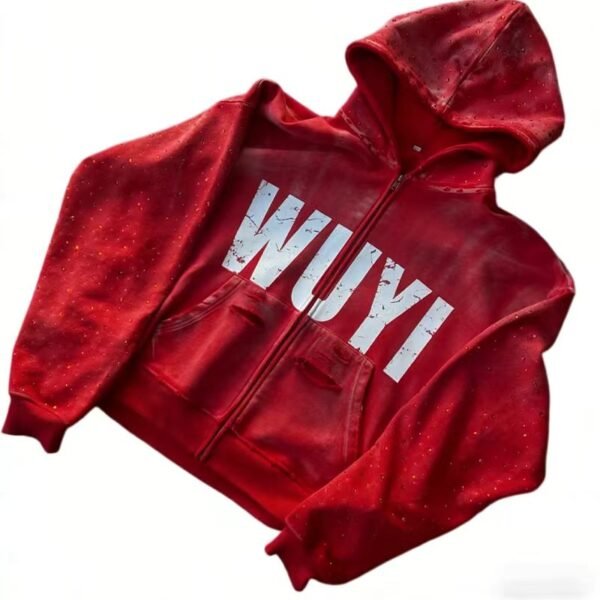Red Washed WUYI Rhinestone Zip Hoodie