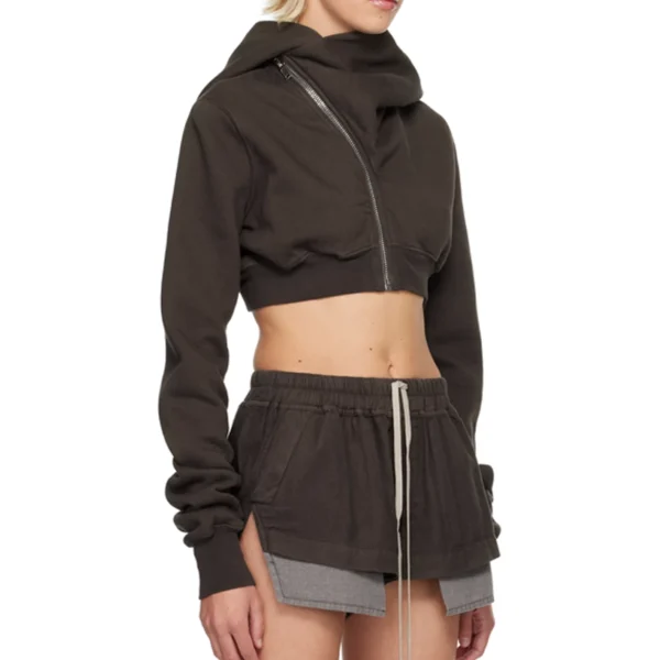 Dark Brown Cropped Asymmetric Zip-Up Hoodie Set