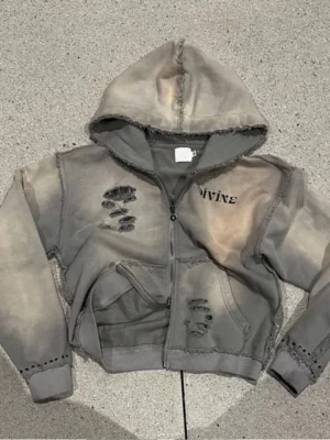 Grey Washed Distressed Cropped Zip-Up Hoodie