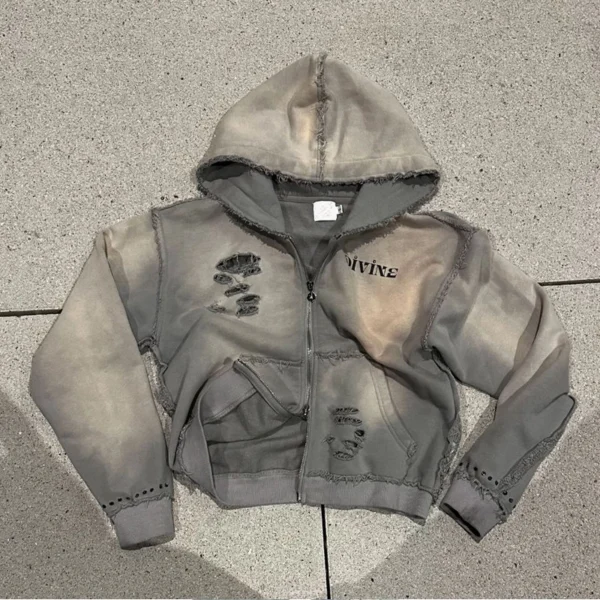Grey Washed Distressed Cropped Zip-Up Hoodie Grey Washed Distressed Cropped Zip-Up Hoodie