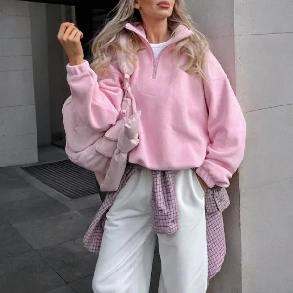 Pink Oversized Half Zip Fleece Pullover Hoodie Pink Oversized Half Zip Fleece Pullover Hoodie