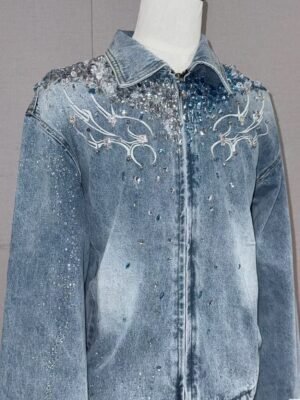 Rhinestone Embellished Washed Denim Jacket