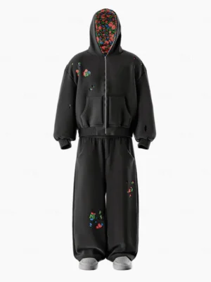 Black Oversized Floral Embroidered Zip Up Hoodie Tracksuit