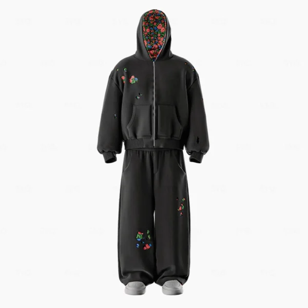 Black Oversized Floral Embroidered Zip Up Hoodie Tracksuit Black Oversized Floral Embroidered Zip Up Hoodie Tracksuit