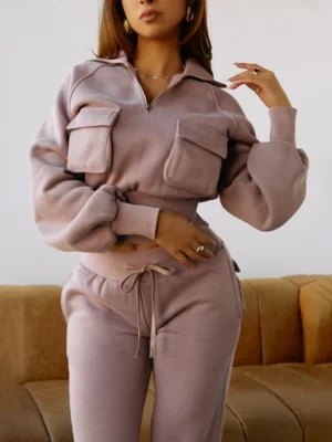 Dusty Pink Half-Zip Cargo-Pocket Cropped Sweatshirt Dusty Pink Half-Zip Cargo-Pocket Cropped Sweatshirt
