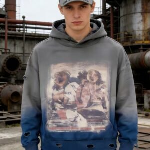 Grey Blue Gradient Distressed Oversized Hoodie