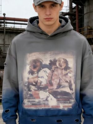 Grey Blue Gradient Distressed Oversized Hoodie