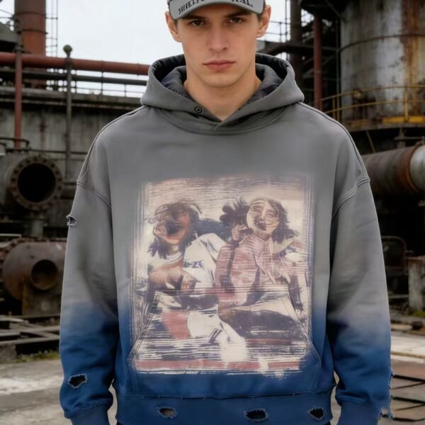 Grey Blue Gradient Distressed Oversized Hoodie Grey Blue Gradient Distressed Oversized Hoodie