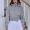 Grey Cropped Cold-Shoulder Studded Hoodie