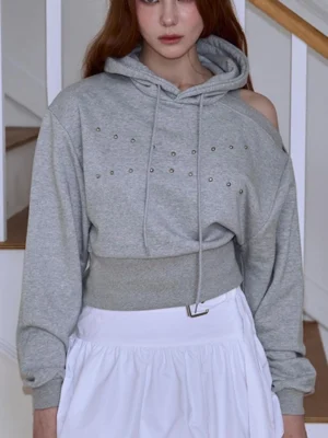 Grey Cropped Cold-Shoulder Studded Hoodie