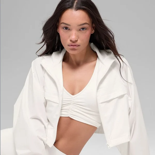 Cropped White Hooded Windbreaker Jacket