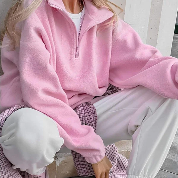 Pink Oversized Half Zip Fleece Pullover Hoodie Pink Oversized Half Zip Fleece Pullover Hoodie